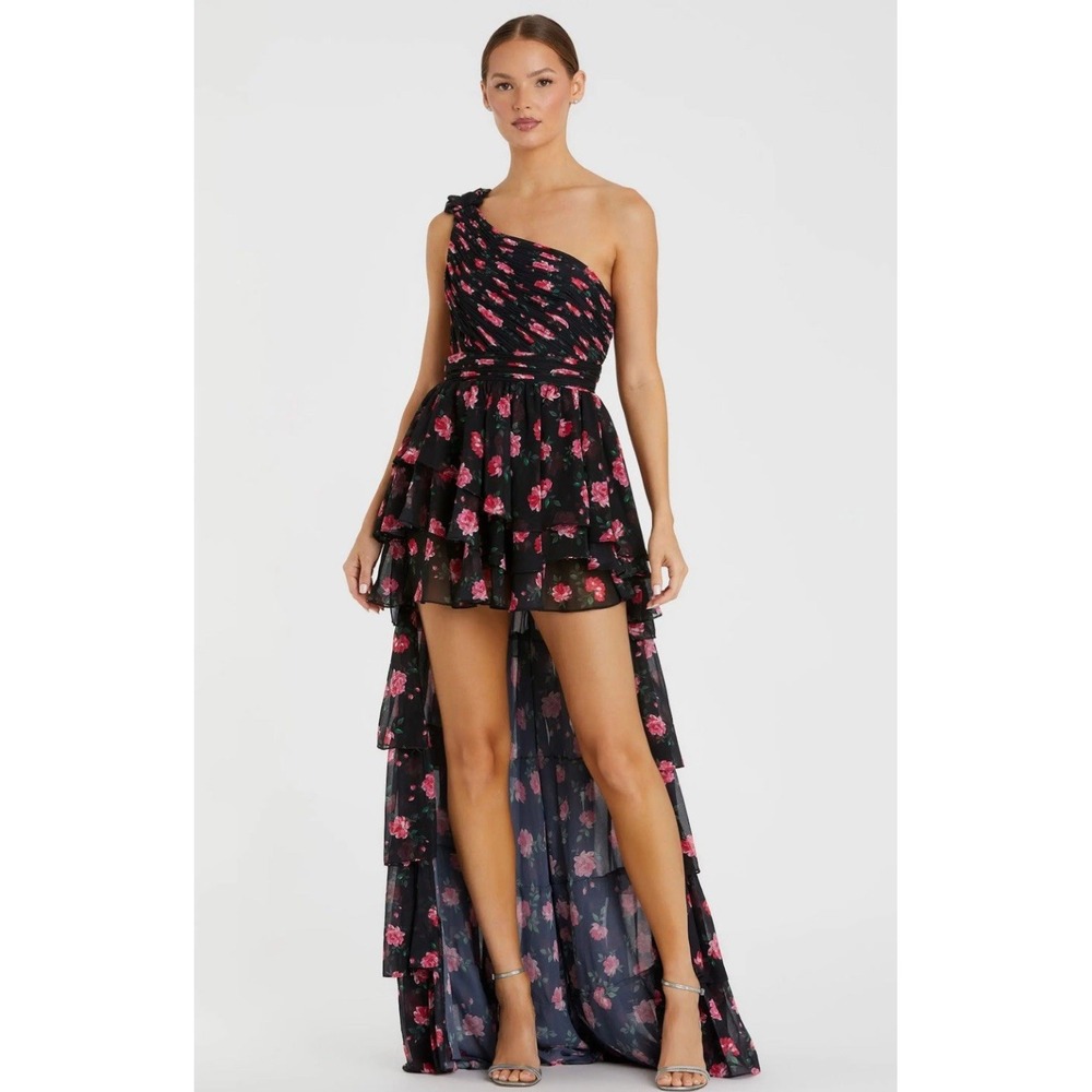 Mac Duggal 70245 Black One Shoulder Ruffled Rose Print Layered High/low Dress‎ 4